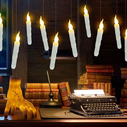 Treewoll 12pcs Flameless Floating Candles with Wand Remote, 6.7" L Battery Operated Flickering Candles with Hanging Wire for Ceiling Dining Table Wedding Magic Themed Parties Halloween Decorations