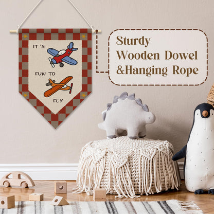 RUKUPA Airplane Nursery Wall Art Decor, Kids Playroom Hanging Pennant Flag, Airplane Aviation Retro Red Checkered Wall Art Poster Hanger for Kids Boys Nursery Room Playroom Bedroom Decor, 11x15 Inch