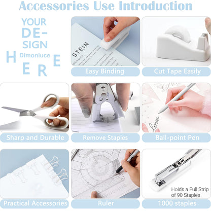 Dimonluce Office Desk Accessories, White Office Supplies Accessories with Tape Dispenser, Stapler, Staple Remover, 1000 Staples, Tape, Clips Set, Ruler, Scissor, Pen