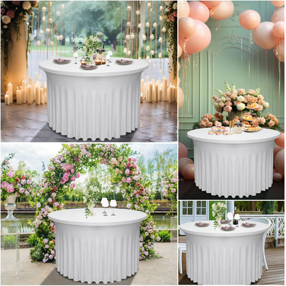 Yoquare 4 Pack White Round Table Skirt, 48 Inch Diameter x 30 Inch Height, Stretch Polyester Spandex Tablecloth for 4ft Round Tables, Stain & Wrinkle Resistant for Wedding, Party, Banquet Decor