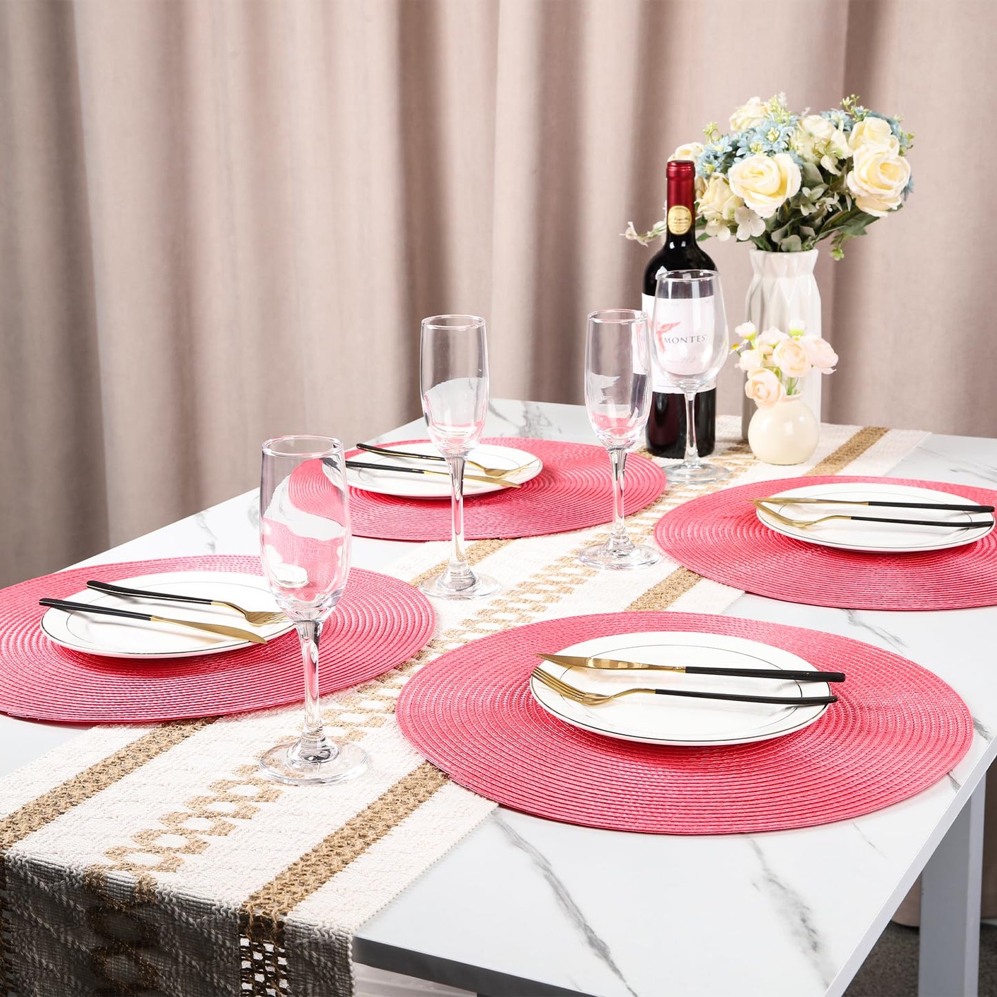 15 Inch Round Woven Placemats Set of 6, Natural Heat Resistant Washable Non-Slip Table Mats in Pink