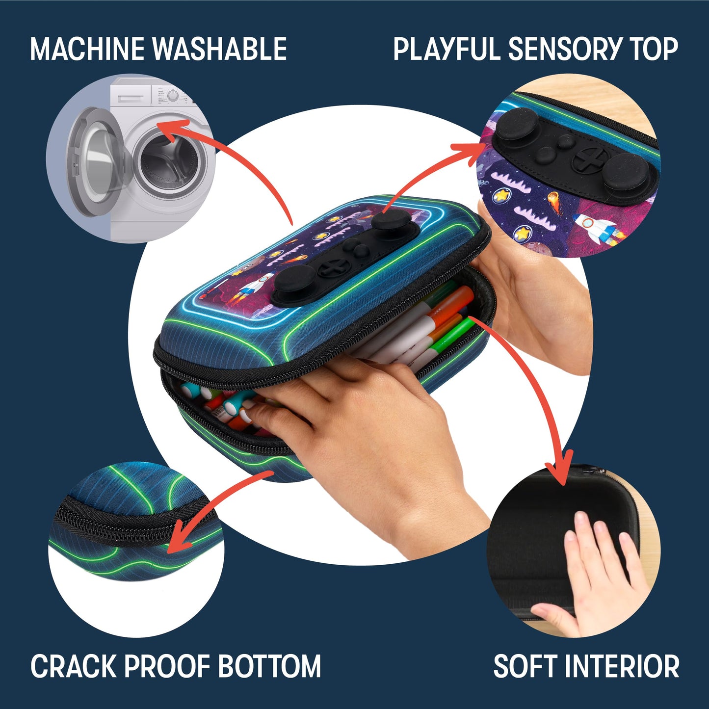 ZIPIT Gamer Pencil Case for Boys, Durable Pencil Box for School, Large Capacity Stationery Organizer Box, Green Rockets