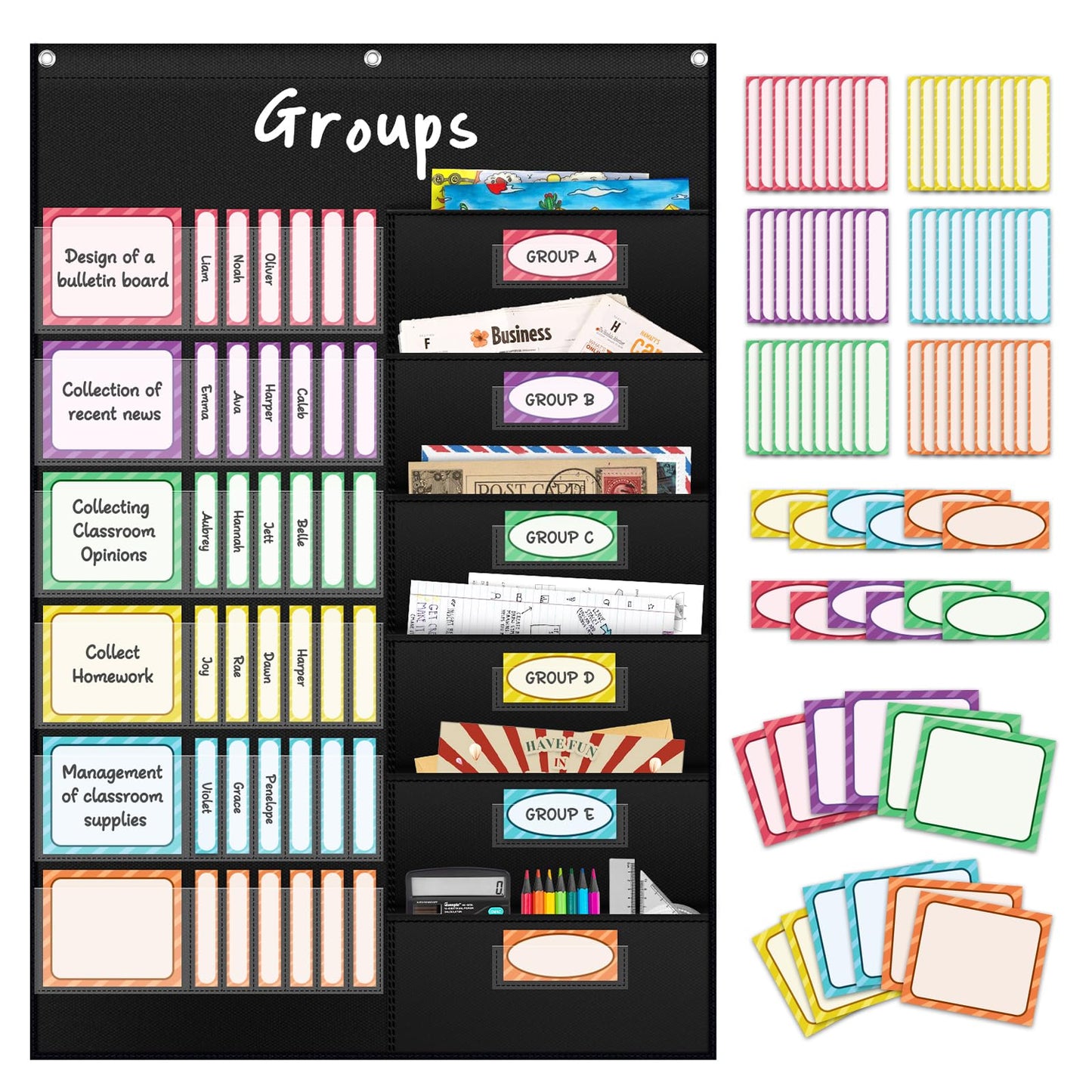 AKAYOK Small Group Pocket Chart with 84 Colorful Dry Erase Cards, Classroom Jobs Chart with 6 Pocket Wall Hanging File Folder, Pocket Chart for Classroom,Office,Home, Small Group Classroom Must Haves
