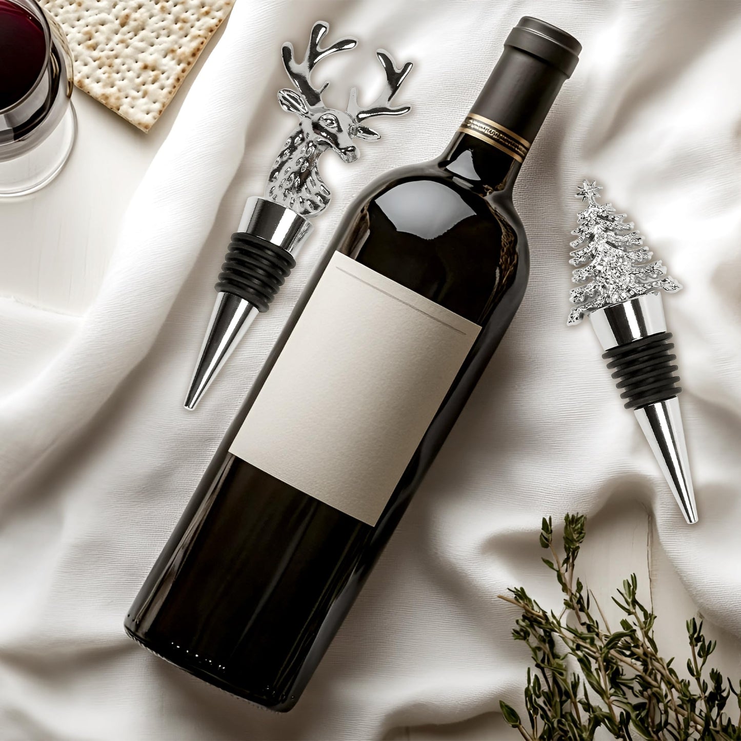 2Pack Christmas Wine Stopper, Elk & Christmas Tree Shape Decorative Wine Bottle Stopper, Food-Grade Silicone & Zinc Alloy Airtight Wine Cork for Wine Champagne, Xmas Party Home Bar Holiday Gift Silver