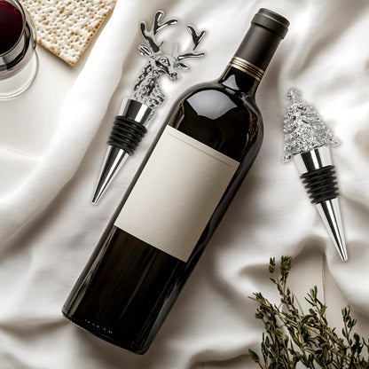 2Pack Christmas Wine Stopper, Elk & Christmas Tree Shape Decorative Wine Bottle Stopper, Food-Grade Silicone & Zinc Alloy Airtight Wine Cork for Wine Champagne, Xmas Party Home Bar Holiday Gift Silver