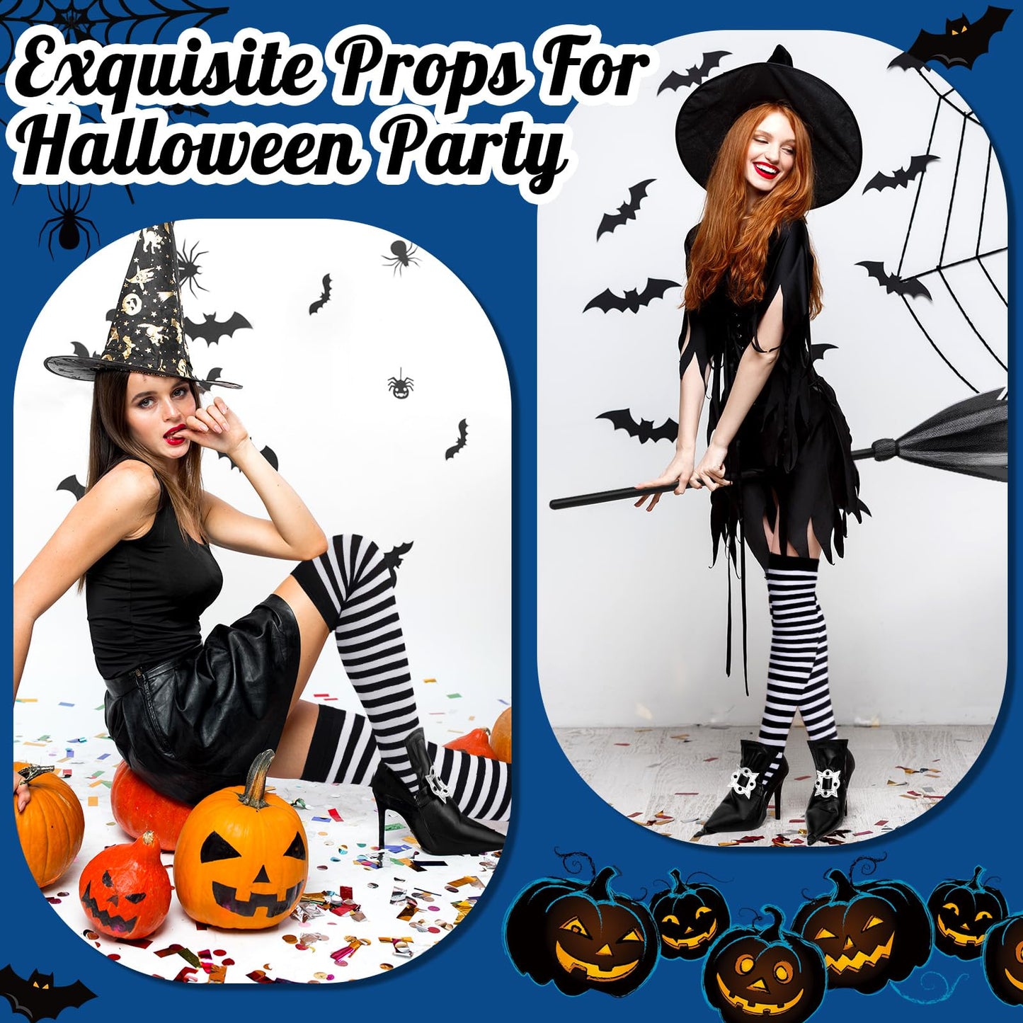 Vicenpal 3 Pcs Halloween Witch Costume Accessories Witch Broom Shoe Covers Socks Broomstick for Women Cosplay Party(Black White)