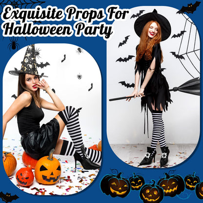 Vicenpal 3 Pcs Halloween Witch Costume Accessories Witch Broom Shoe Covers Socks Broomstick for Women Cosplay Party(Black White)