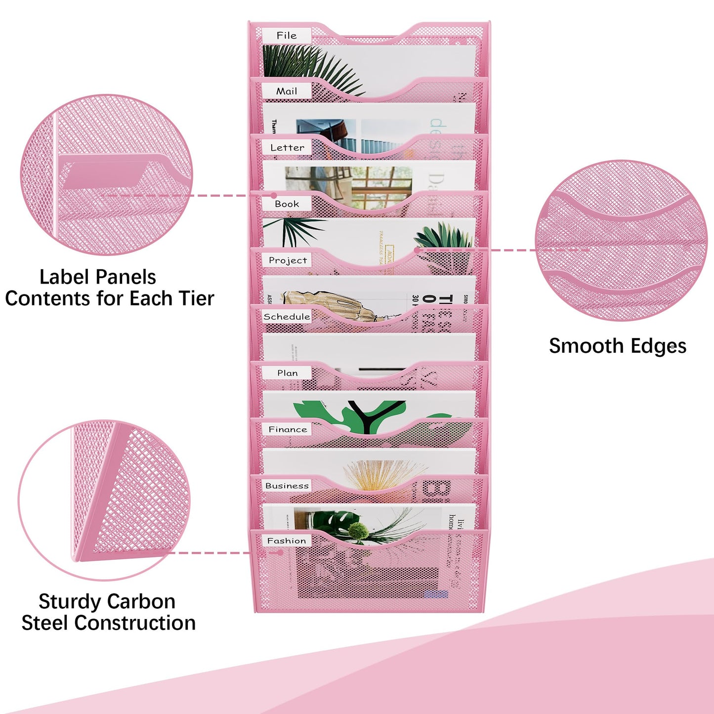 EasyPAG 10 Pocket Mesh Wall File Organizer, Hanging Paper Folder Holder with Classify Label, Vertical Wall Mount Mail Organizer for Office Home Classroom, Pink