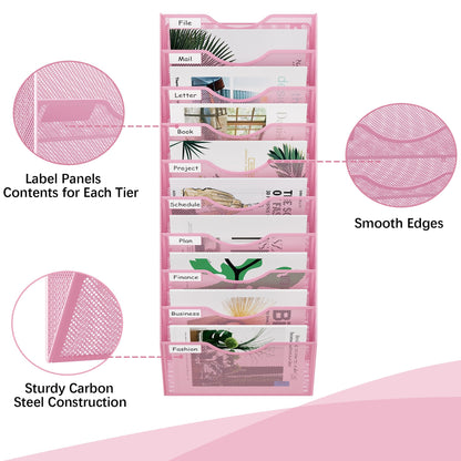 EasyPAG 10 Pocket Mesh Wall File Organizer, Hanging Paper Folder Holder with Classify Label, Vertical Wall Mount Mail Organizer for Office Home Classroom, Pink