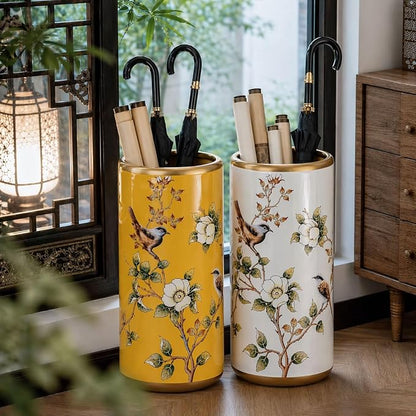 Ceramic Entryway Umbrella Stand,Handmade Appliques Chinese Umbrella Stand Barrels,Vintage Floor Standing Cane Holder Placed & Flower Vases for Hotel Office Home Entrance,A,17.3in