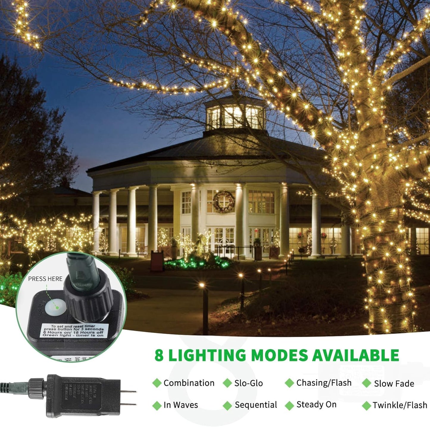 Tcamp 164 Feet 500 LED Christmas Lights, 8 Modes Christmas Tree Lights with Timer Memory Function, Green Wire Starry Fairy String Light for Xmas Tree Halloween Outdoor Indoor Decor (Warm White)