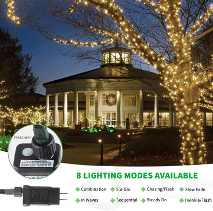 Tcamp 164 Feet 500 LED Christmas Lights, 8 Modes Christmas Tree Lights with Timer Memory Function, Green Wire Starry Fairy String Light for Xmas Tree Halloween Outdoor Indoor Decor (Warm White)