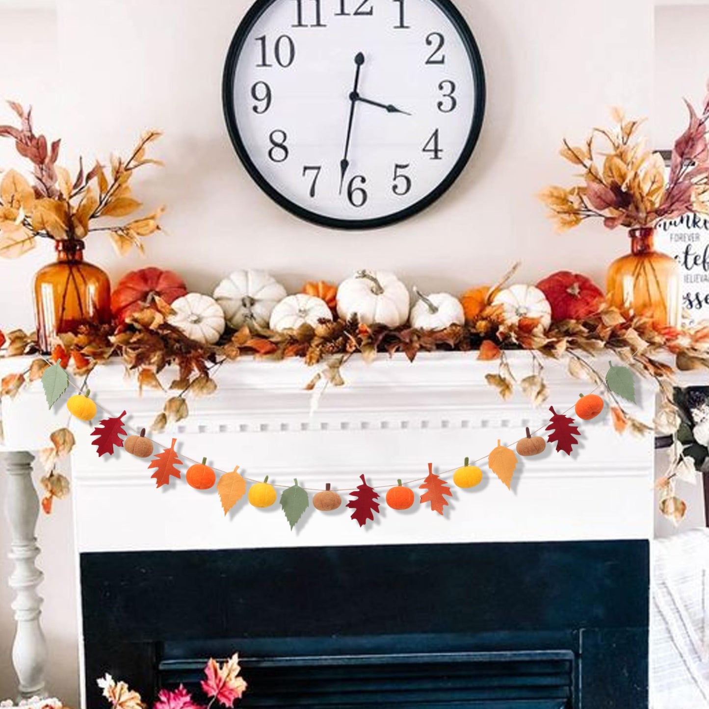 Fall Banner for Home -Fall Harvest Garland- Felt Pumpkin and Maple Leaf Banner, Autumn Thanksgiving Party Decorations