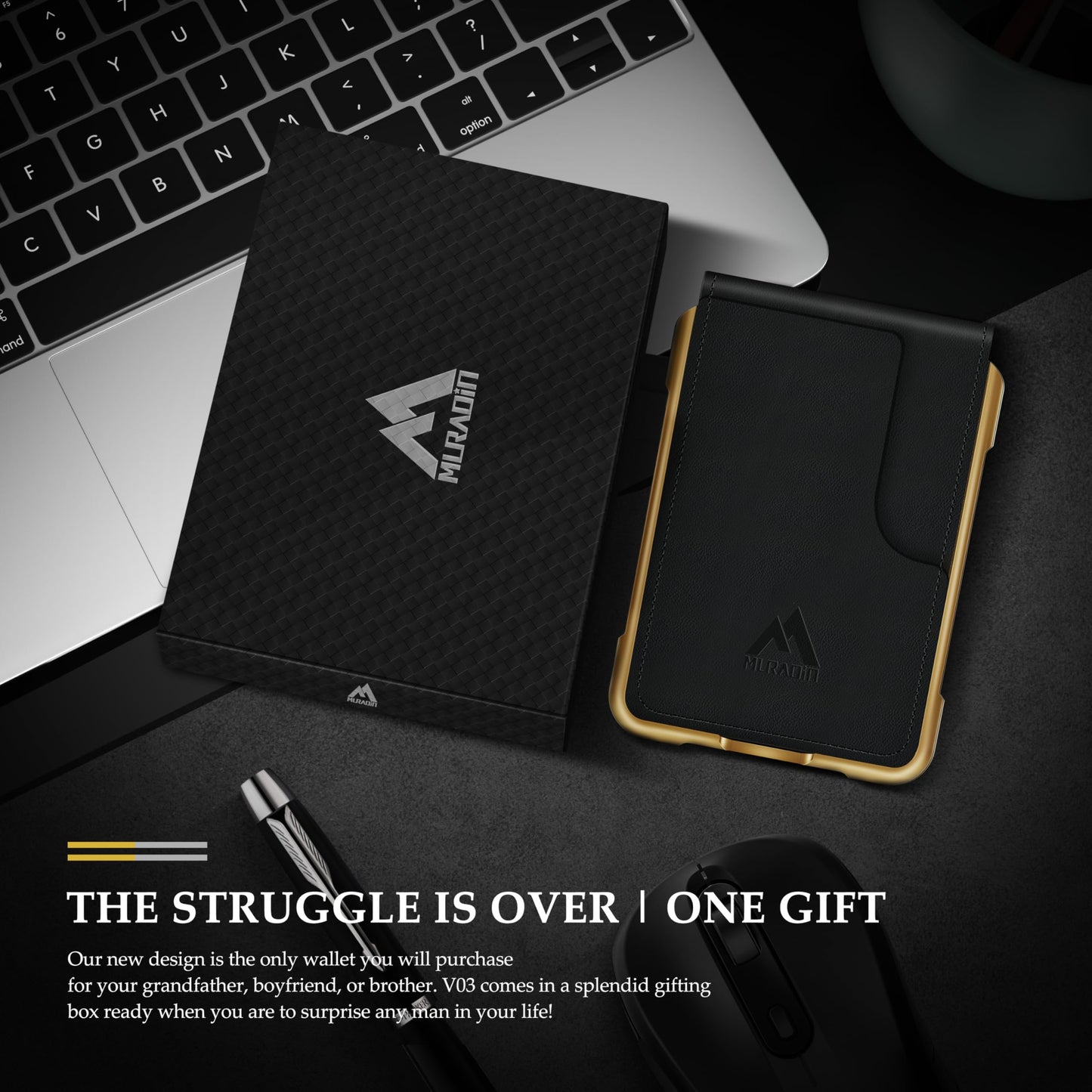 MURADIN Mens Wallet Tactical Bifold Wallets for Men Metal RFID Blocking Aluminum Money Cards Holder Gifts for Men (black leather with gold frame)