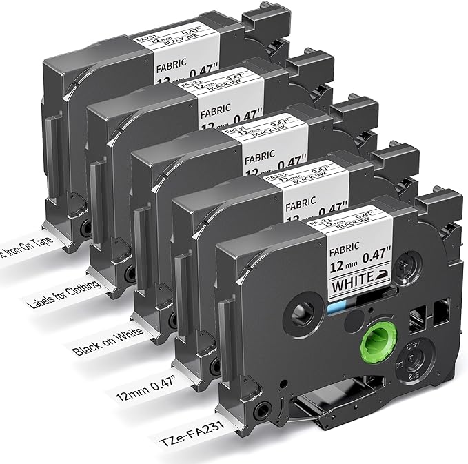 Freshworld 5-PK TZe-FA231 Replace for Brother Label Maker Tape Fabric Iron-On Labels for Clothing Compatible with Brother P-Touch Label Tape 12mm 0.47 White Refill for PT-D210 H110 H100 D400 D600 1280