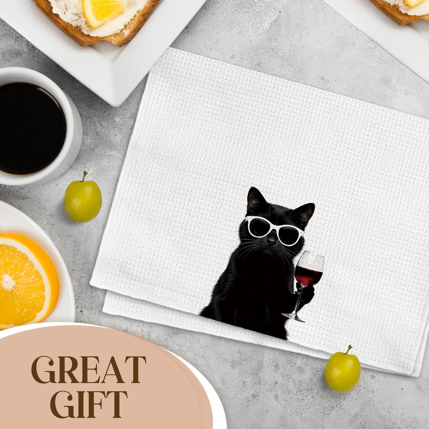 Qskjre Funny Black Cat Wine Kitchen Towels, Cat Mom Gifts for Women, Black and White Cats Decor, Wine Lover Gift Decorative Hand Tea Dish Towel for Kitchen Bar Cart Decor,16x24 Inch