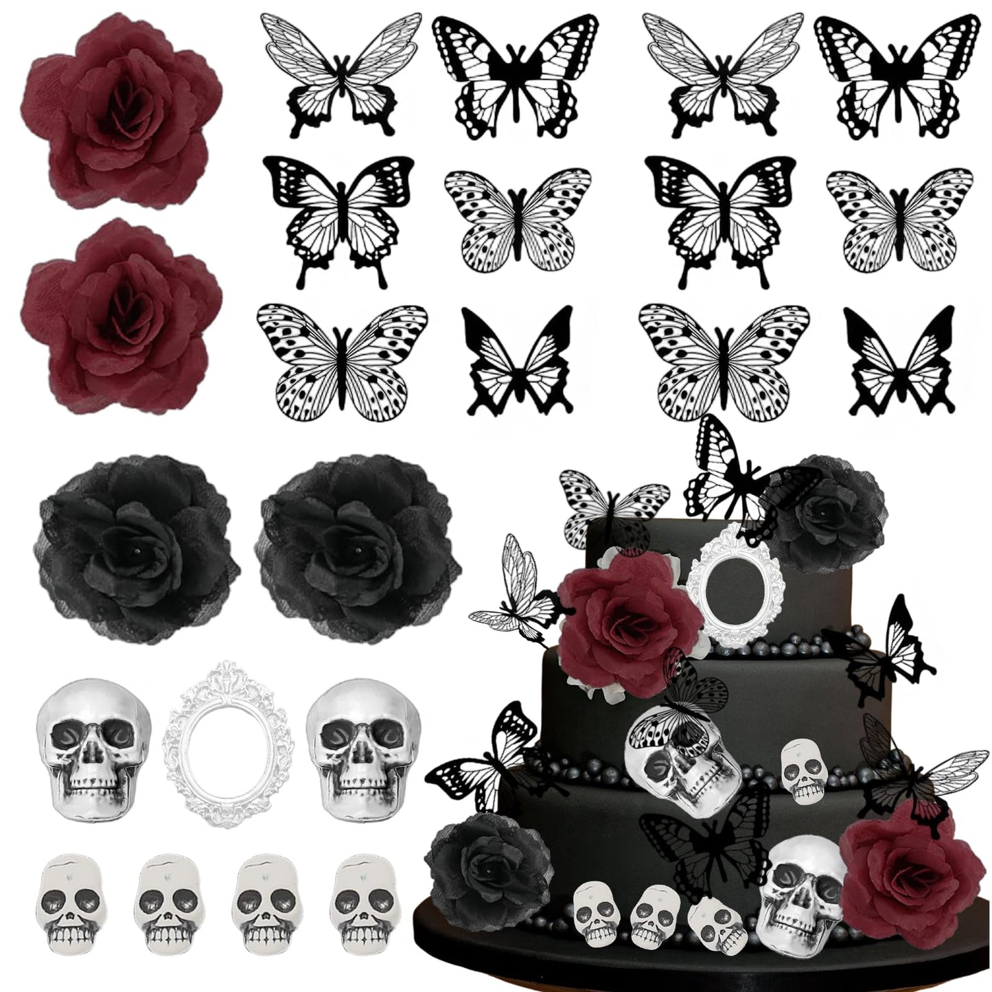 Ylapagne 21pcs Halloween Gothic Cake Decorations, Dark Rose Skull Butterflies Oval Photo Frame Gothic Cake Accessories Terror Party Supplies Favors