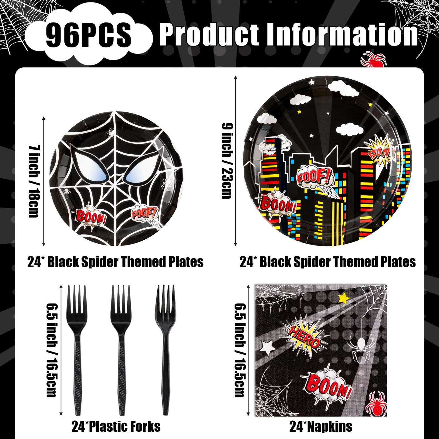 Andi Cppss Black Spider Birthday Party Supplies - 96PCS Black Spider Birthday Party Plates and Napkins Forks Disposable Tableware Birthday Parties Table Dinnerware Baby Shower Plates Serve 24 Guests