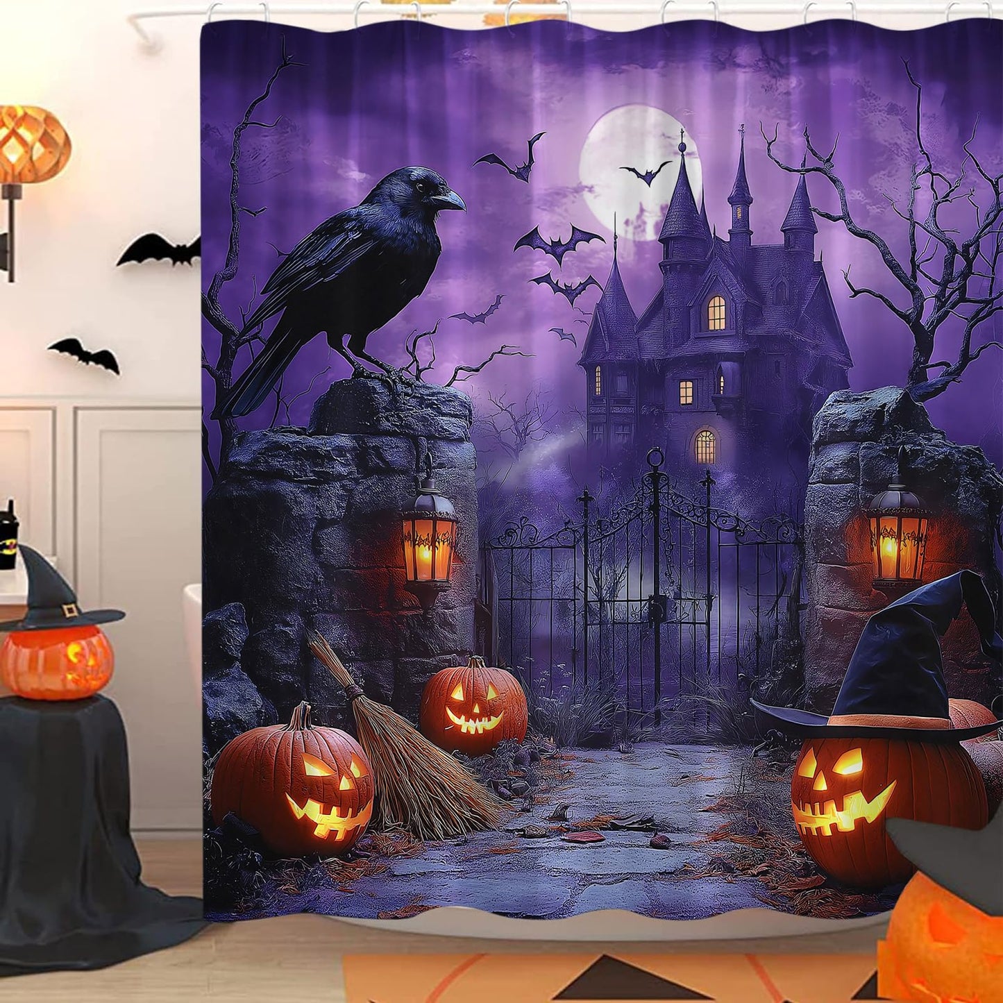 UPUMKSK Purple Haunted Castle Halloween Shower Curtain