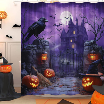 UPUMKSK Purple Haunted Castle Halloween Shower Curtain