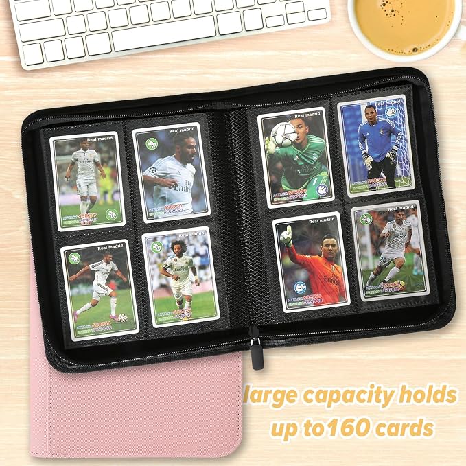 4 Pocket Ringless Side Loading Trading Card Binder, 160 Cards PU Fixed Page Zipper Card Album for TCG Sports Game Cards, Not Fit Top Loaders (Pink)