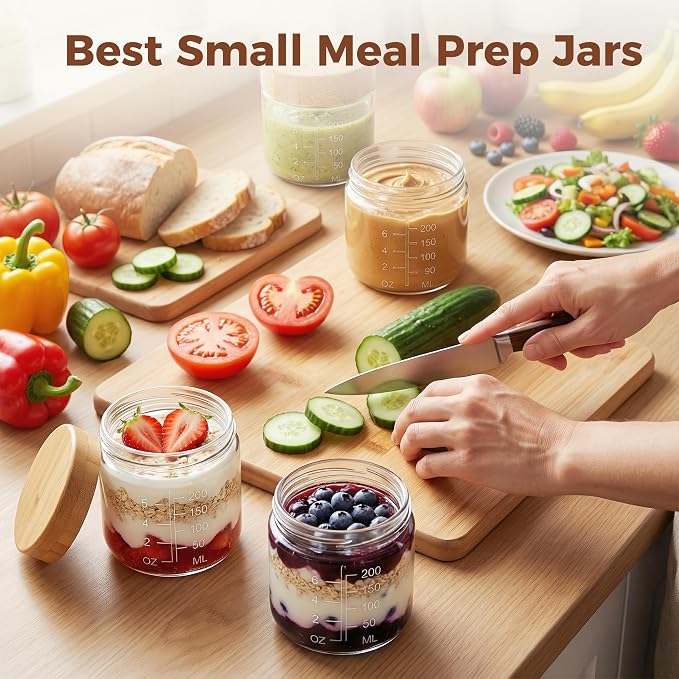 8oz Glass Jars with Airtight Lids - 6 Pack Overnight Oats Containers with Bamboo Lids, Small Food Containers with Measurement for Yogurt, Salad, Chia, Wide Mouth Mason Jar with Lid for Food Storage