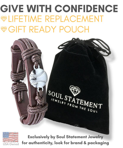 Soul Statement Genuine Leather Wrap Baseball Drip Bracelet for Teens and Men – Adjustable Cord with Stainless Steel Baseball Charm – Athletic Jewelry, Easter Basket Stuffer for Teenagers (Baseball)