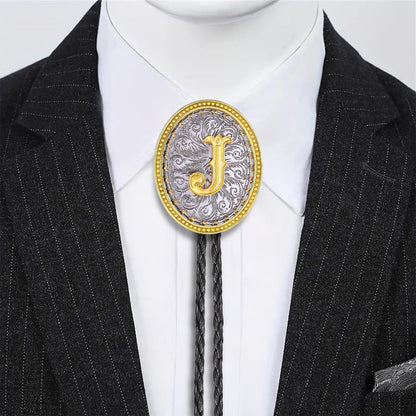 GelConnie Gold Bolo Tie Cowboy Necklace for Men Leather Rodeo Necktie Initial Letter ABCDMJR to Z Western Bolo Tie Texas Style Jewelry