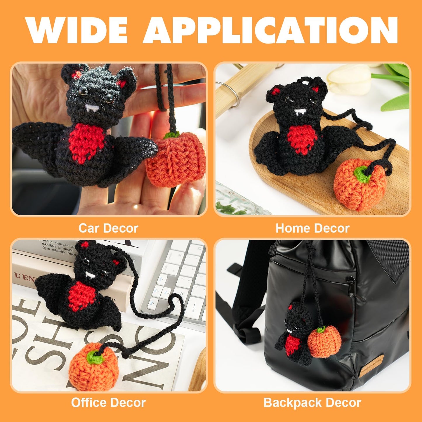 Rislobx Crochet Bat and Pumpkin Car Rearview Mirror Hanging, Knitted Cute Halloween Bat Car Charm Ornament, Handmade Pendant Mirror Decor Auto Interior Accessories (Pumpkin)