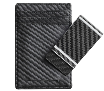 Travelambo Money Clip for Men Carbon Fiber Clip Wallet Leather Slim Minimalist Card Holder RFID Blocking (Weaved Black)