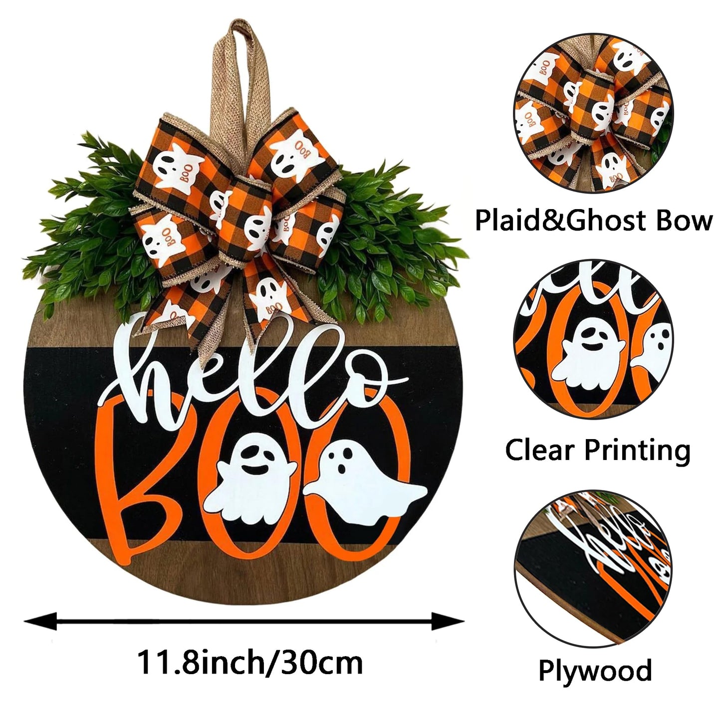Halloween Ghost Wreath, Wooden Halloween Ghost Door Sign Wreath Decorations for Front Door Hanger