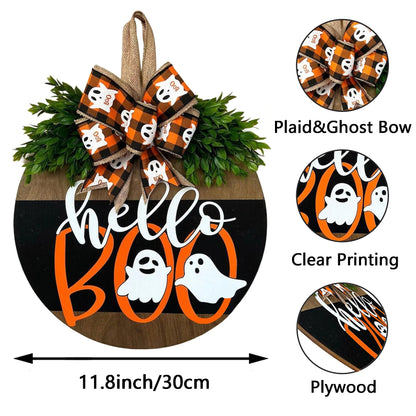 Halloween Ghost Wreath, Wooden Halloween Ghost Door Sign Wreath Decorations for Front Door Hanger