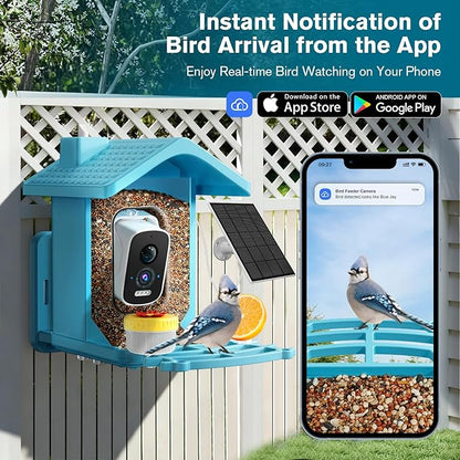 Smart Bird Feeder with Camera Solar Powered, AI Birds Species Identification, 2.5K HD Video Bird House with Camera for Outside, Weatherproof Design Ideal Gifts for Christmas, Bird Lovers, Blue