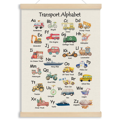 MOTERMATE Transport Abc Alphabet Wall Art Poster Chart, Playroom Decor, Learning Educational Canvas Poster Hanger Frame for Toddlers Classroom, Alphabet Car Themed Wall Hanging Banner Decor, 12x16Inch