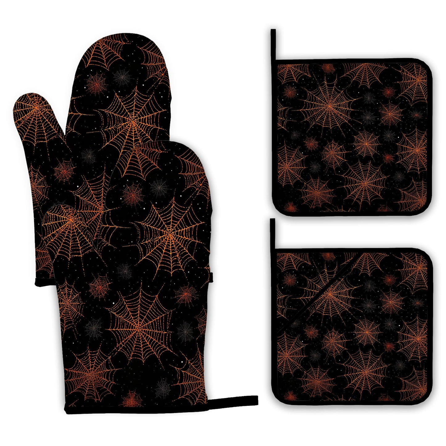 Halloween Oven Mitts and Pot Holders Set,Spider Web Kitchen Decor Heat Resistant Non Slip Hot Pads and Oven Mitt for Chef Cooking Baking BBQ Mom Girl Gifts(4 Piece Set)