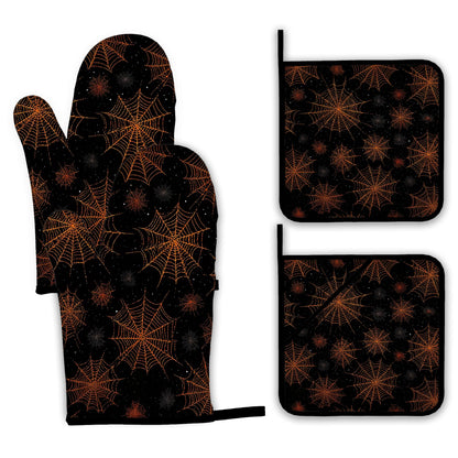 Halloween Oven Mitts and Pot Holders Set,Spider Web Kitchen Decor Heat Resistant Non Slip Hot Pads and Oven Mitt for Chef Cooking Baking BBQ Mom Girl Gifts(4 Piece Set)