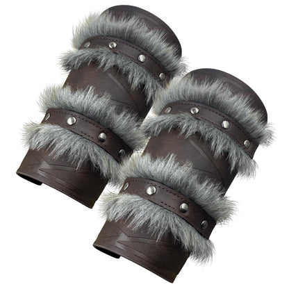 HiiFeuer Nordic Viking Barbarian Arm Guards, Medieval Artificial Fur Gauntlets, Vintage Faux Leather Bracers for LARP (Brown A)