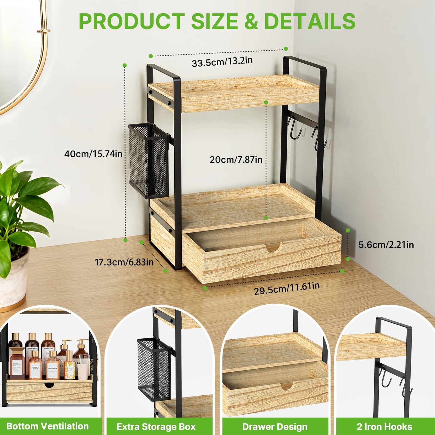 2-Tier Bathroom Counter Organizer with Drawer Basket and Hooks, Wood Bathroom Organizers and Storage for countertop, Farmhouse Brown Countertop Organizer, Counter Shelf for Vanity, Kitchen, Office