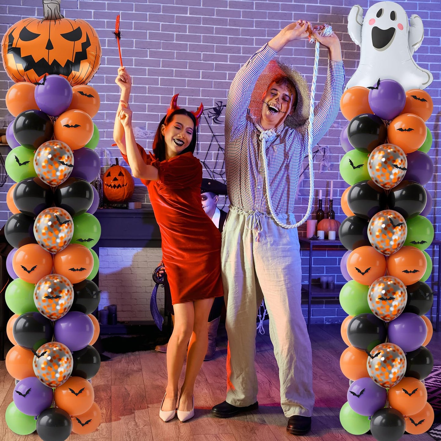 2 Sets Halloween Balloon Column Stand Kit 3.3 X 6.6 ft Photo Backdrop With Ghost Pumpkin Balloon Black Orange Purple Green Balloons with Bases for Halloween Day Theme Party Decorations