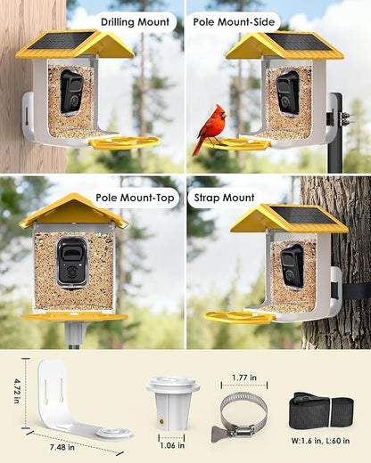 Bird Feeder with Camera Solar Powered, 2K Live Arrival Alert Auto Capture Video with 32GB TF Card, AI Identify Smart Camera Bird Feeder Ourdoor Backyard Gift for Mom Dad Birdlover, 2.4G WiFi