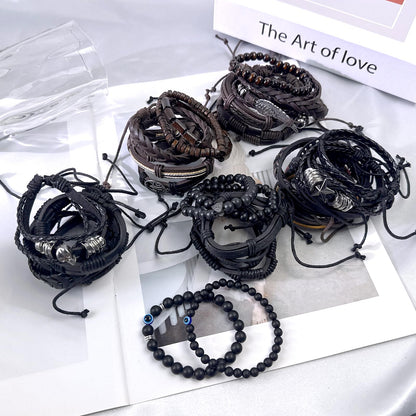 Zobnexts 31Pcs Braided Leather Bracelets for Men Women Punk Wrap Wood Beads Bracelets Adjustable Hemp Cords Ethnic Tribal Handmade Wrap Wristband Punk Gothic Evil Eye Skull Skeleton Bracelet