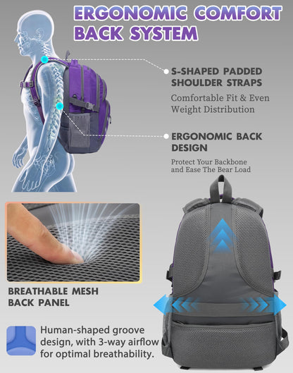 ProEtrade Backpack Bookbag for College Laptop Travel, Fit Laptop Up to 15.6 inch with USB Charging Port Multi Compartment Anti theft, Gift for Women Men (Purple)