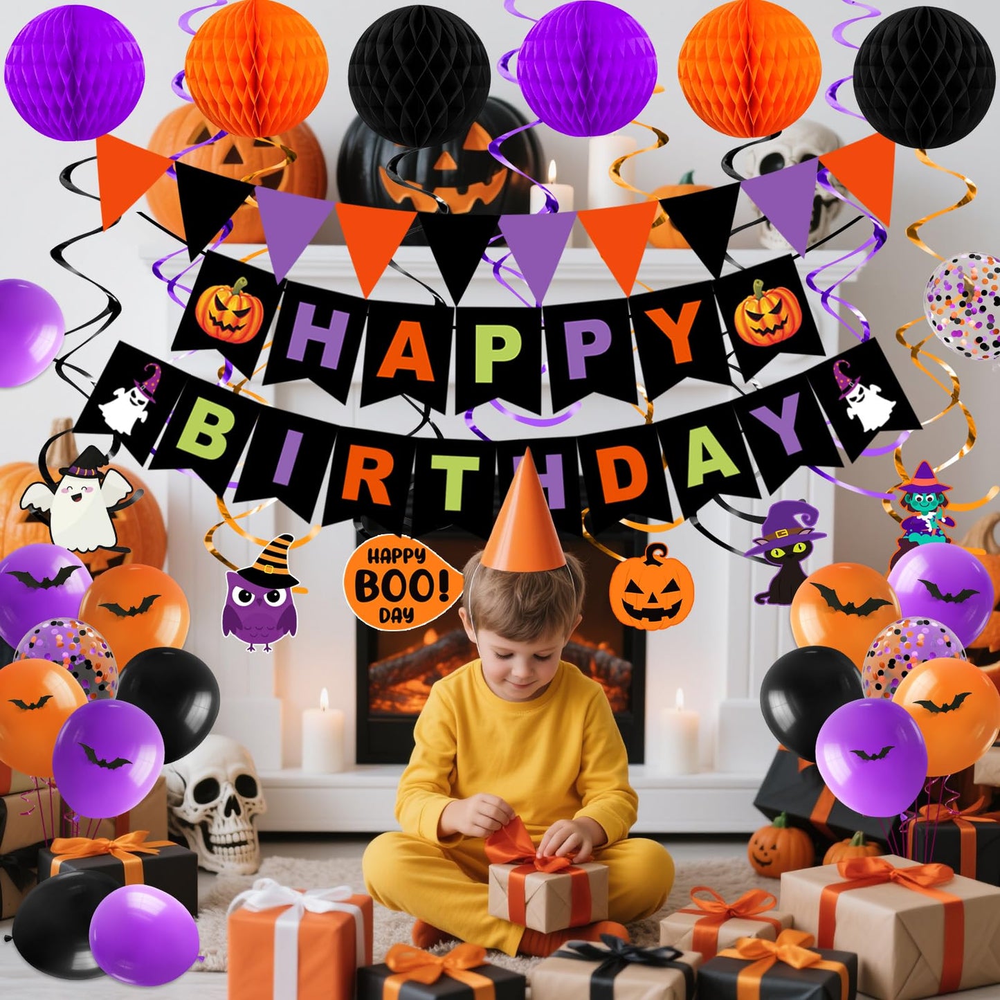 Halloween Birthday Party Decorations, 70PCs Halloween Birthday Decorations Set Including HAPPY BIRTHDAY Banner Bat Stickers Hanging Garland Swirl Streamers Purple Orange Black Balloons Honeycomb Ball