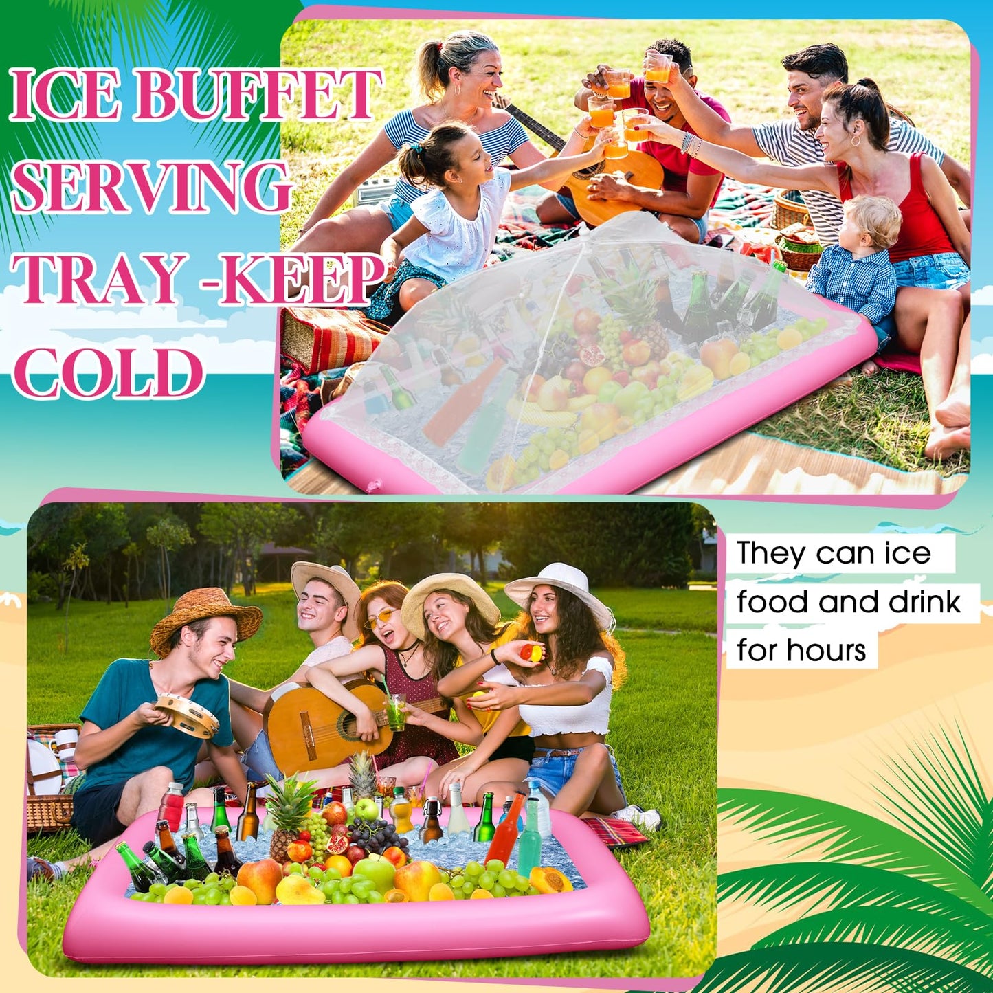 Leitee 3 Pcs Inflatable Serving Bar Kit Includes Salad Buffet Tray with Drain Plug Mesh Food Cover Food Drink Containers and Inflator for Ice Supplies Halloween Party Camping Picnic(Pink)