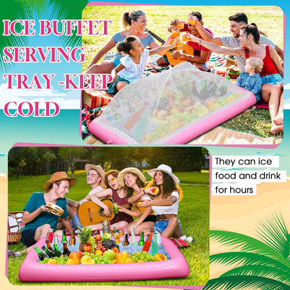 Leitee 3 Pcs Inflatable Serving Bar Kit Includes Salad Buffet Tray with Drain Plug Mesh Food Cover Food Drink Containers and Inflator for Ice Supplies Halloween Party Camping Picnic(Pink)