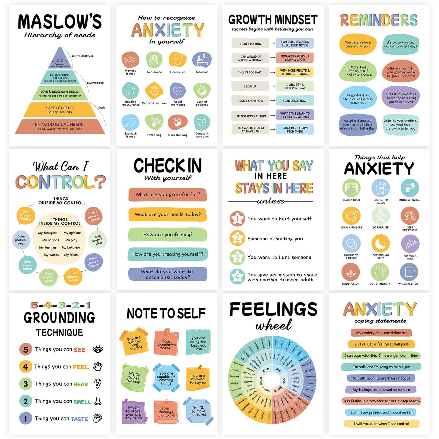 12Pcs Mental Health Posters, Therapy Office Decor, Counseling Office Must Haves School Counselor Supplies, Mental Health Wall Art Decor Home Office Classroom Inspirational Positive Poster (10"x14")