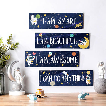 Yookeer 4 Pcs Space Room Decor for Kids Boys Outer Space Wall Art Bedroom Decor for Nursery Classroom Astronaut Galaxy Posters Spaceman Wood Sign Be Brave and Be Kind for Baby Boy(I)