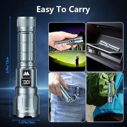 WdtPro Rechargeable Flashlights 2 Pack, Powerful Handheld Flashlight - Grey | LED High Lumens, LCD Battery Display, Zoomable 3 Modes, IP65 Waterproof, Tactical, For Home Emergencies Camping Outdoor