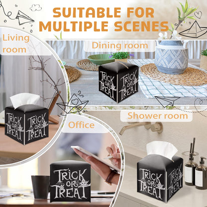 Halloween Trick Or Treat Tissue Box Holder, Black Leather Tissue Box Cover Square, Facial Paper Organizer Dispenser Toilet Paper Holder for Bathroom Kitchen Office Home Decor-A08