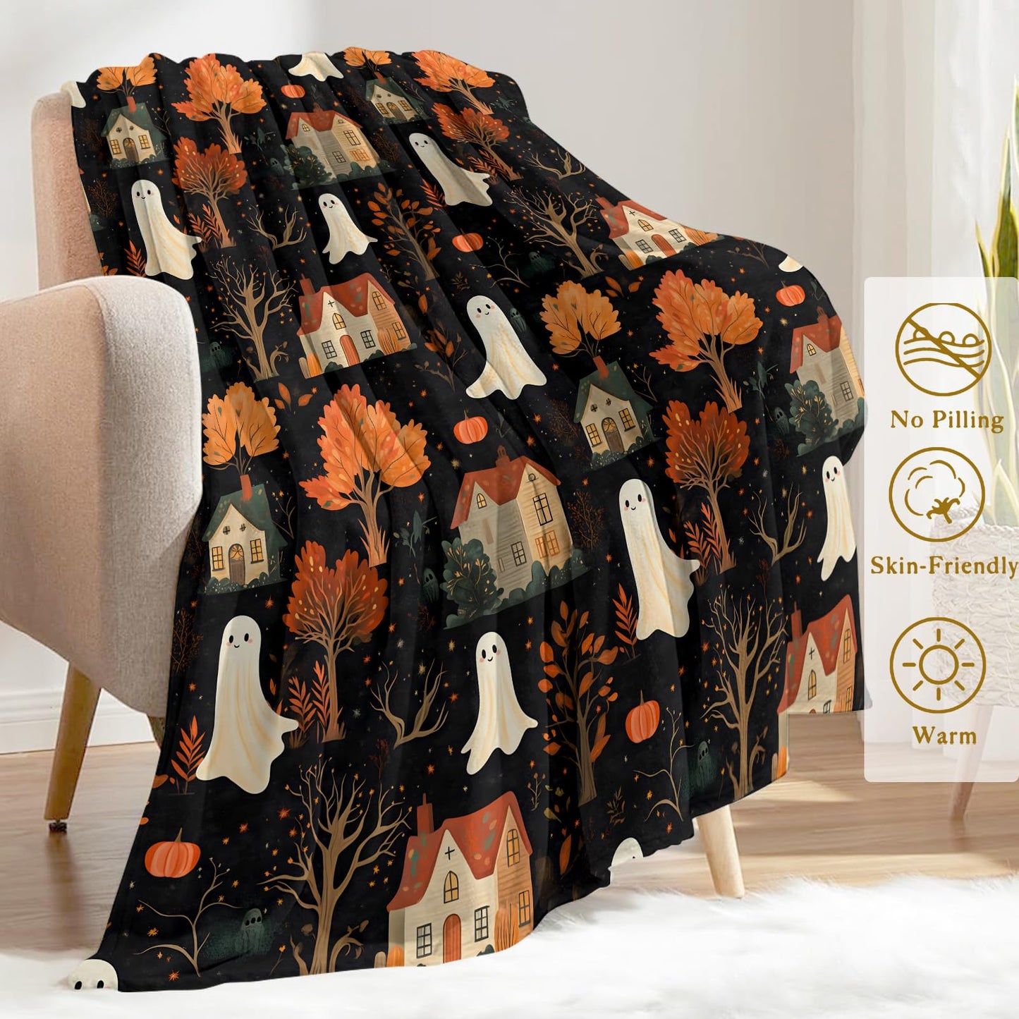 ainori Spooky Ghost Village Flannel Blanket - Cute with Autumn Trees, and Houses Throw - Soft Cozy Gifts Balnkets for Halloween Decor, Fall Lovers,Kids,Women,Festive Home Accents 50x60in